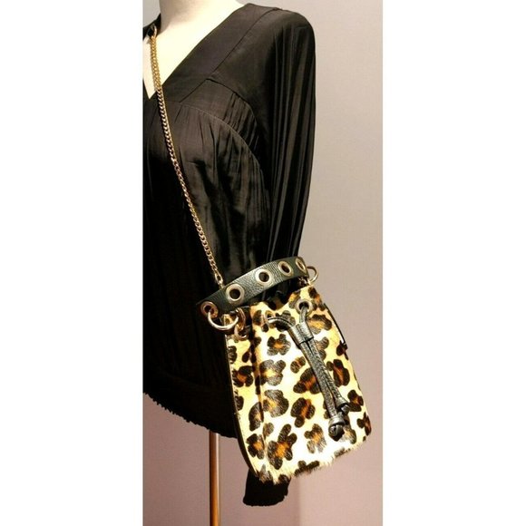 NWT Antonella Ferrante Leopard Print Leather Bucket Bag Removable Chain Strap - Picture 7 of 11